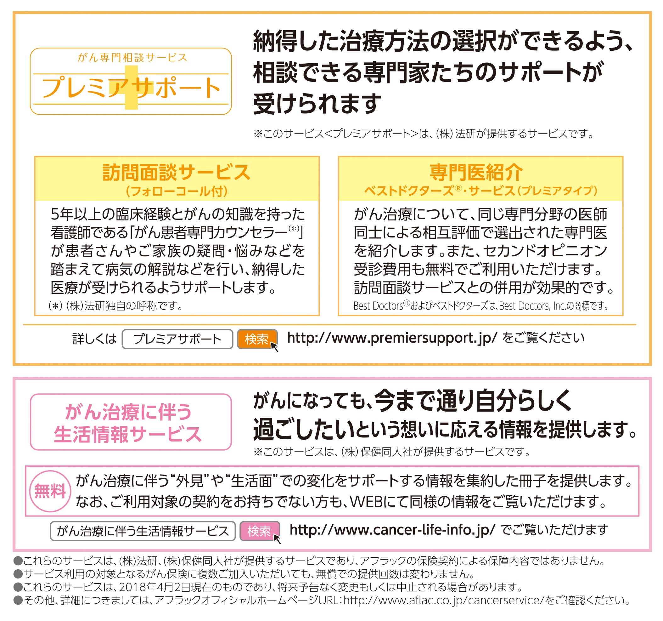 がん専門サポート プレミアサポート・納得した治療方法の選択ができるよう、相談できる専門家たちのサポートが請けられます。 がん治療に伴う生活情報サービス・がんになっても、今まで通り自分らしく過ごしたいという想いに応える情報を提供します。